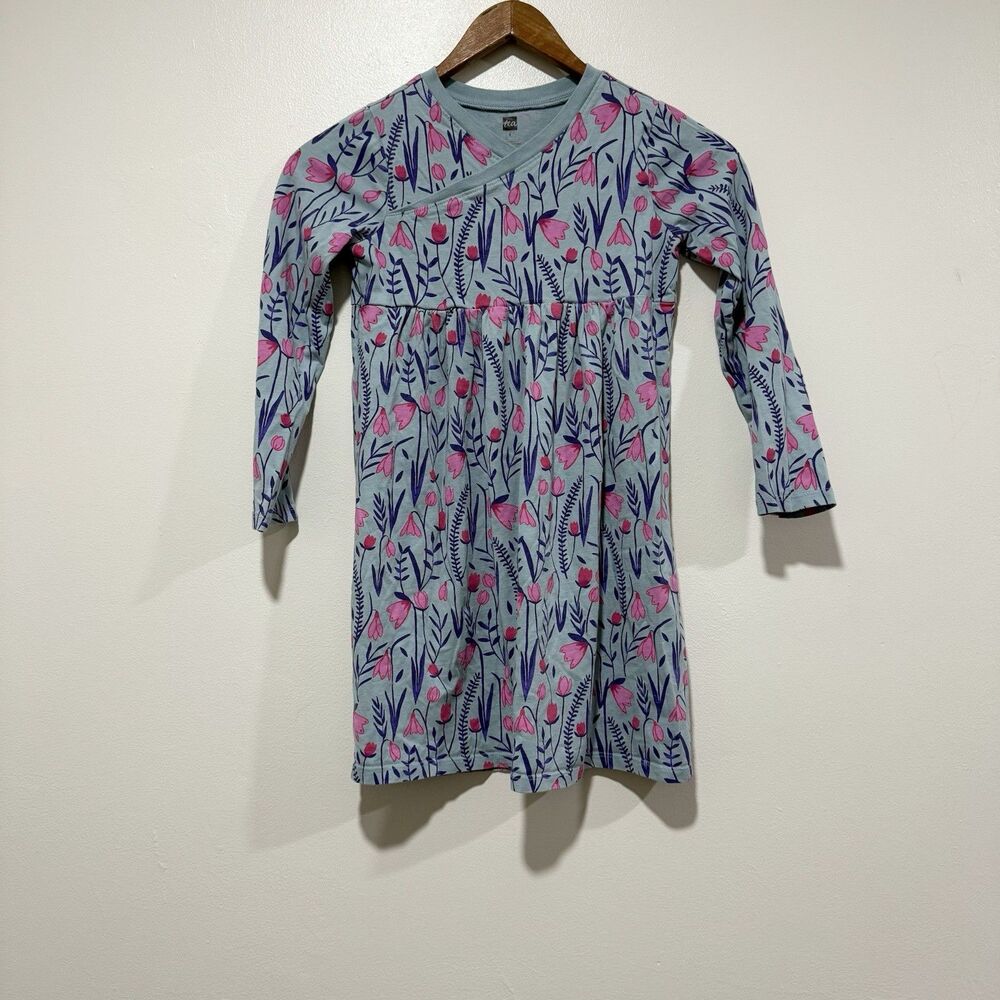 Tea Collection Light Blue Long Sleeve Dress w/Pink Tulip Flowers Girls Size 8